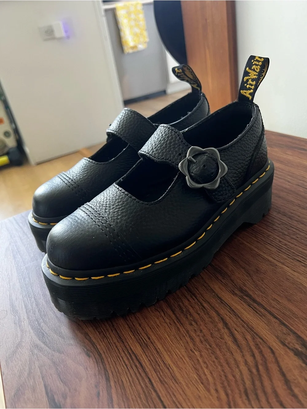 Dr. Martens Black Leather Platform Mary Jane Shoes with Yellow Stitching